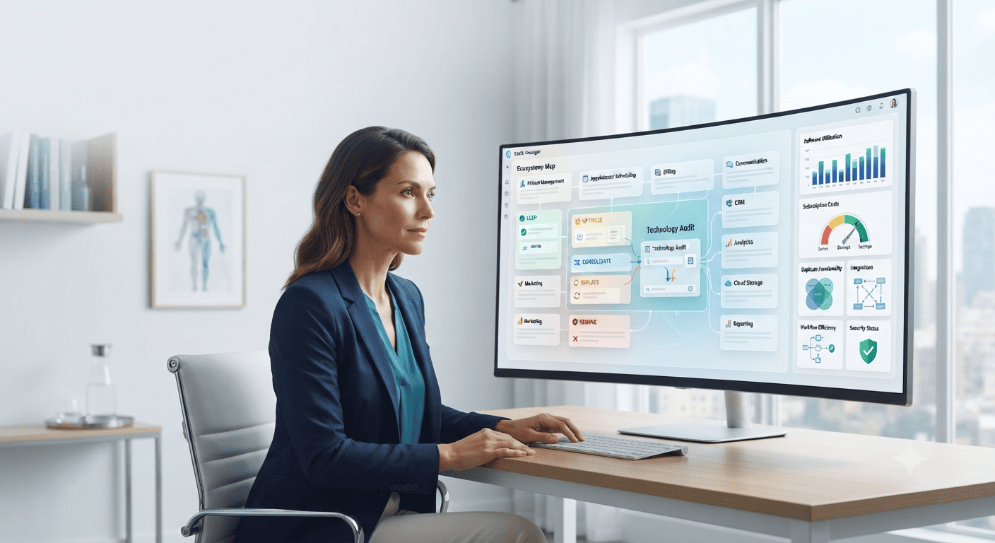 Healthcare operations manager auditing a clinic's software stack to identify unnecessary systems, duplicate features, costs, integrations, and consolidation opportunities.
